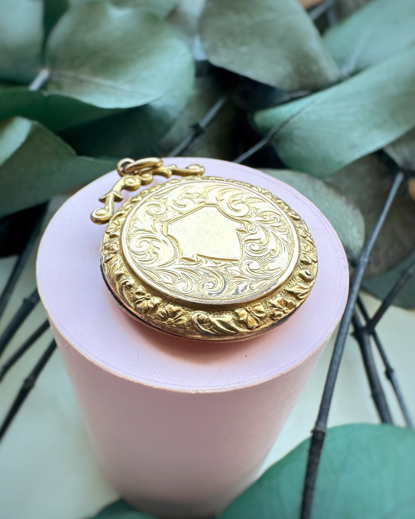 Antique Ultra Yellow Ornate Shield Locket