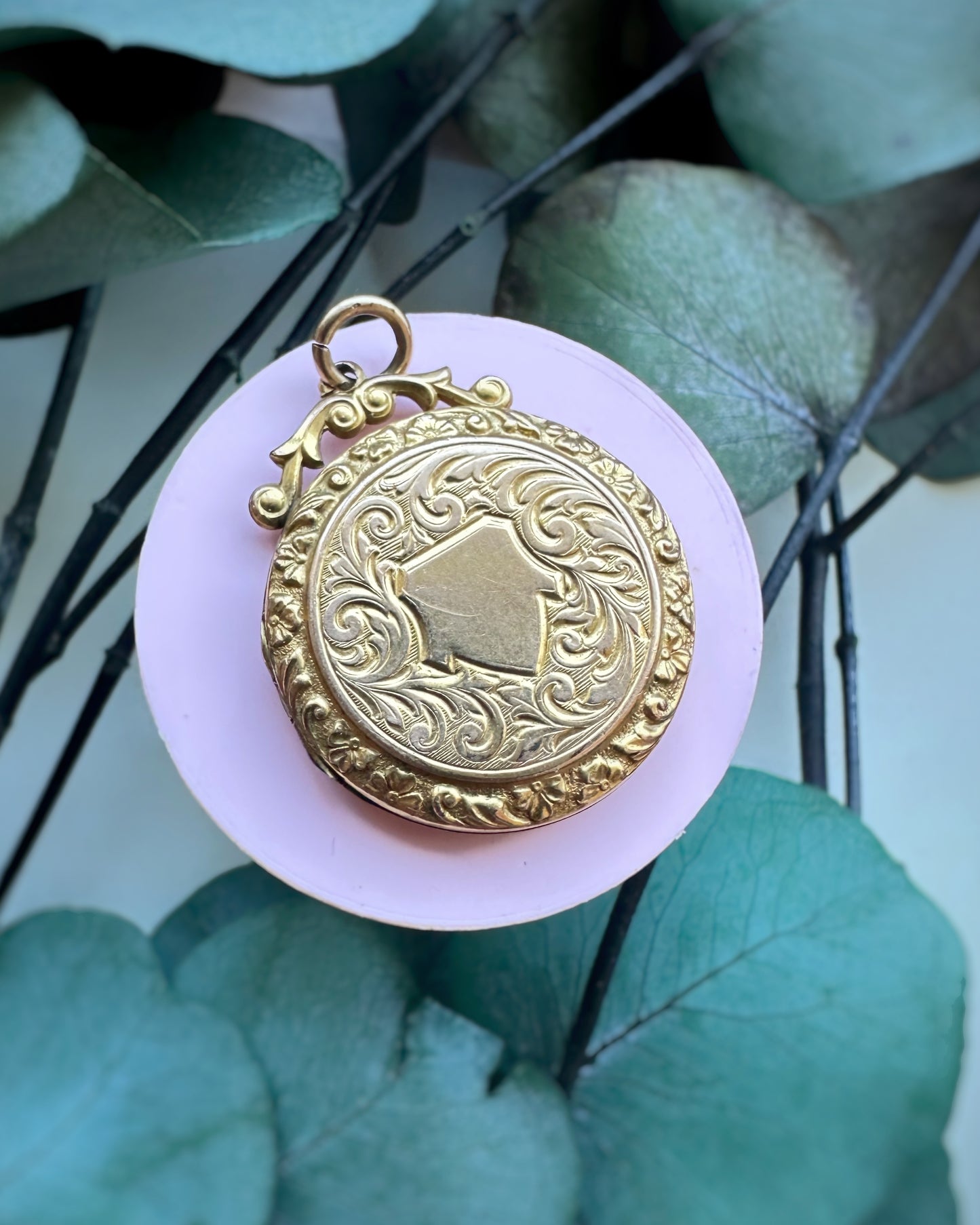 Antique Ultra Yellow Ornate Shield Locket