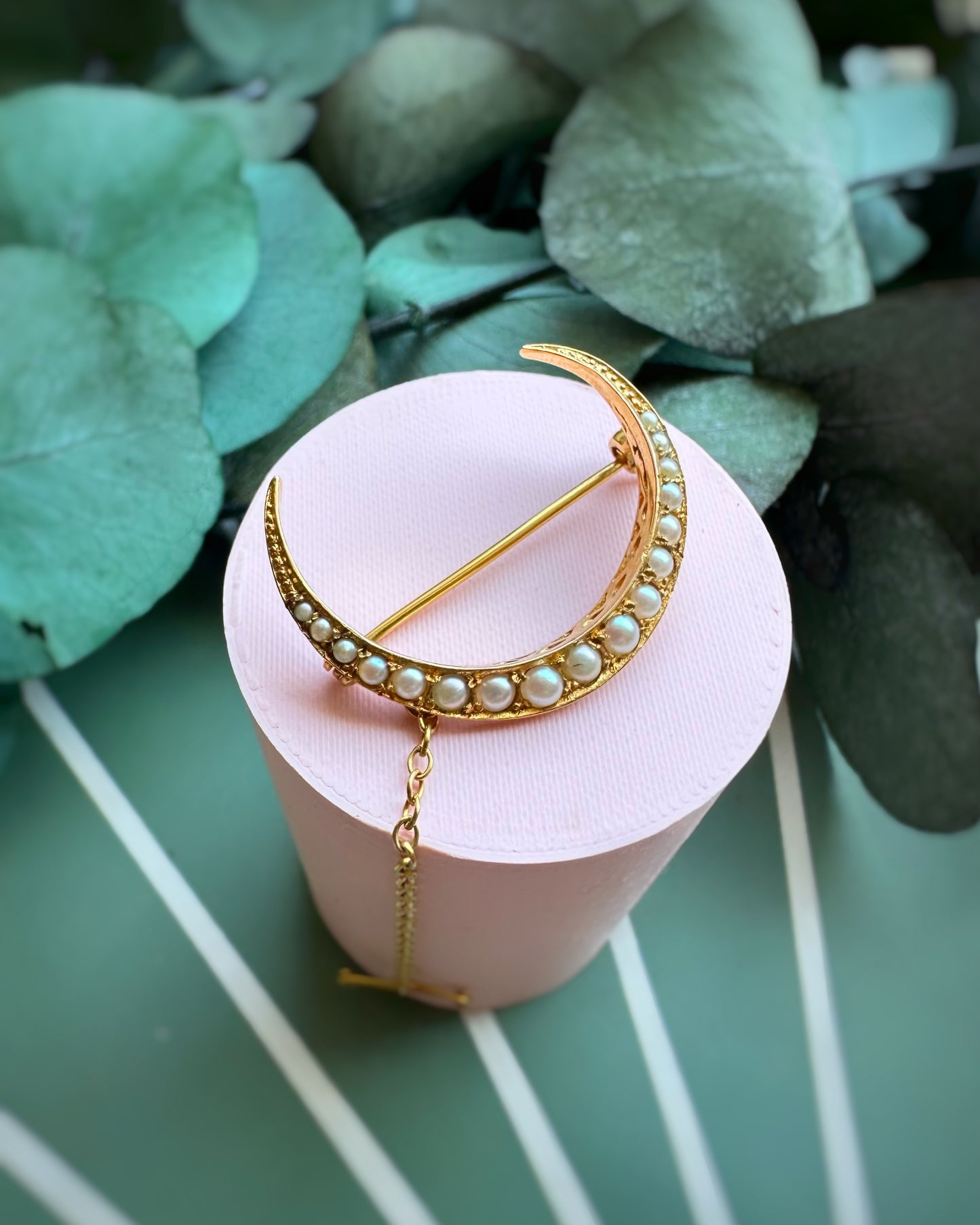 Vintage Ultra Yellow Pearl-Set Crescent Pin
