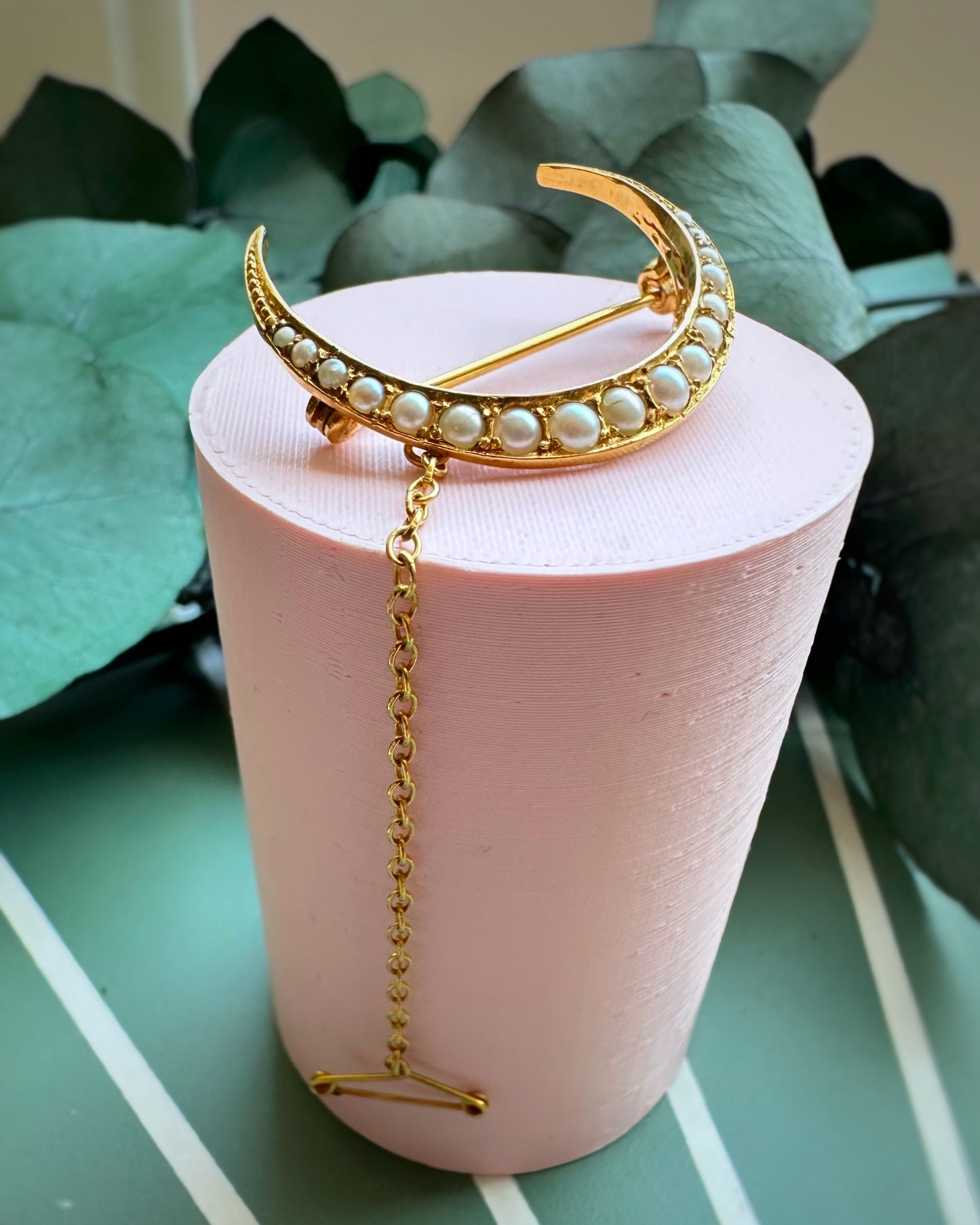 Vintage Ultra Yellow Pearl-Set Crescent Pin