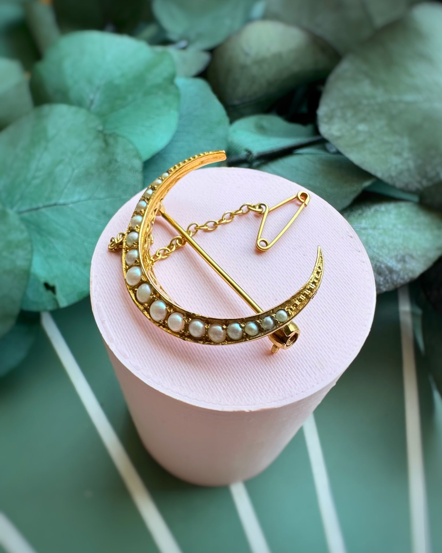 Vintage Ultra Yellow Pearl-Set Crescent Pin