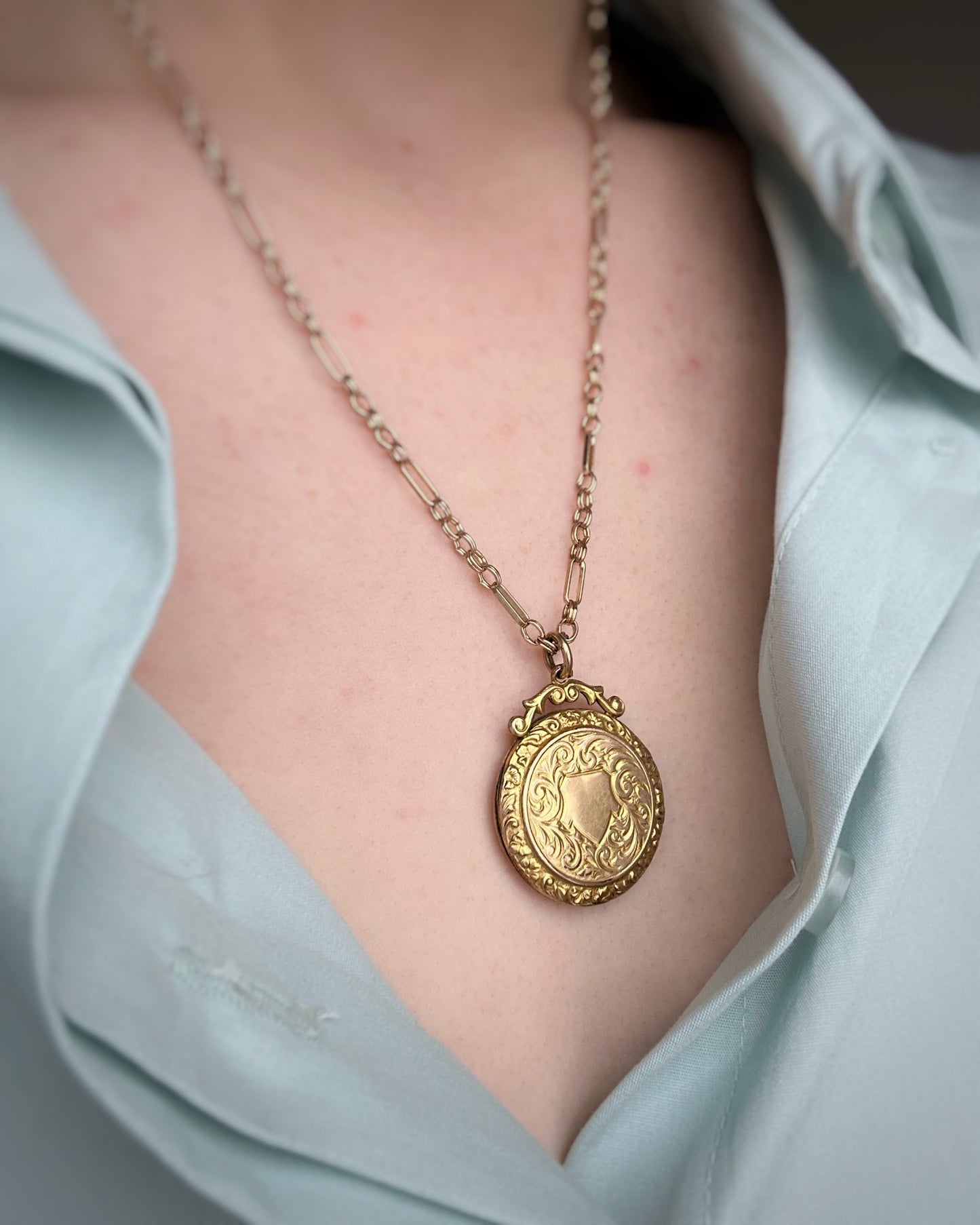 Antique Ultra Yellow Ornate Shield Locket