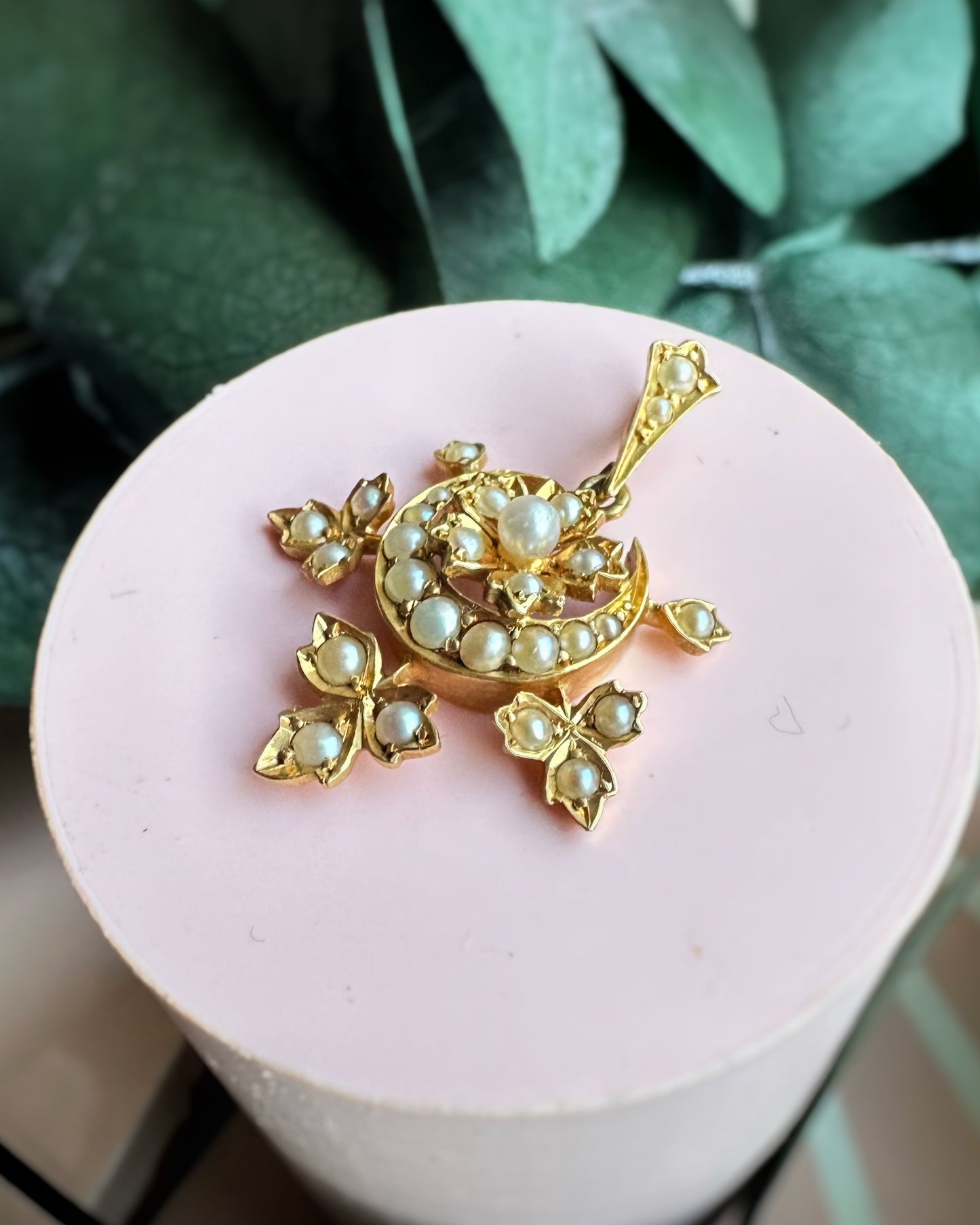 Exceptional Pearl Set Antique Crescent Pendant