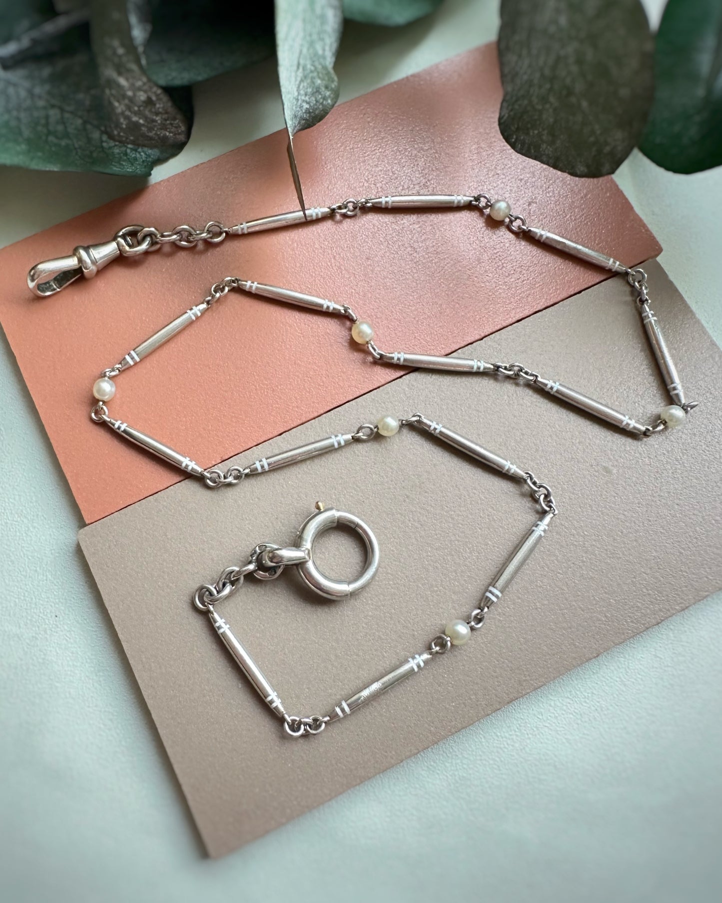 Antique French Bar Chain with Yellow Accents and Pearl Stations (15+1/4")