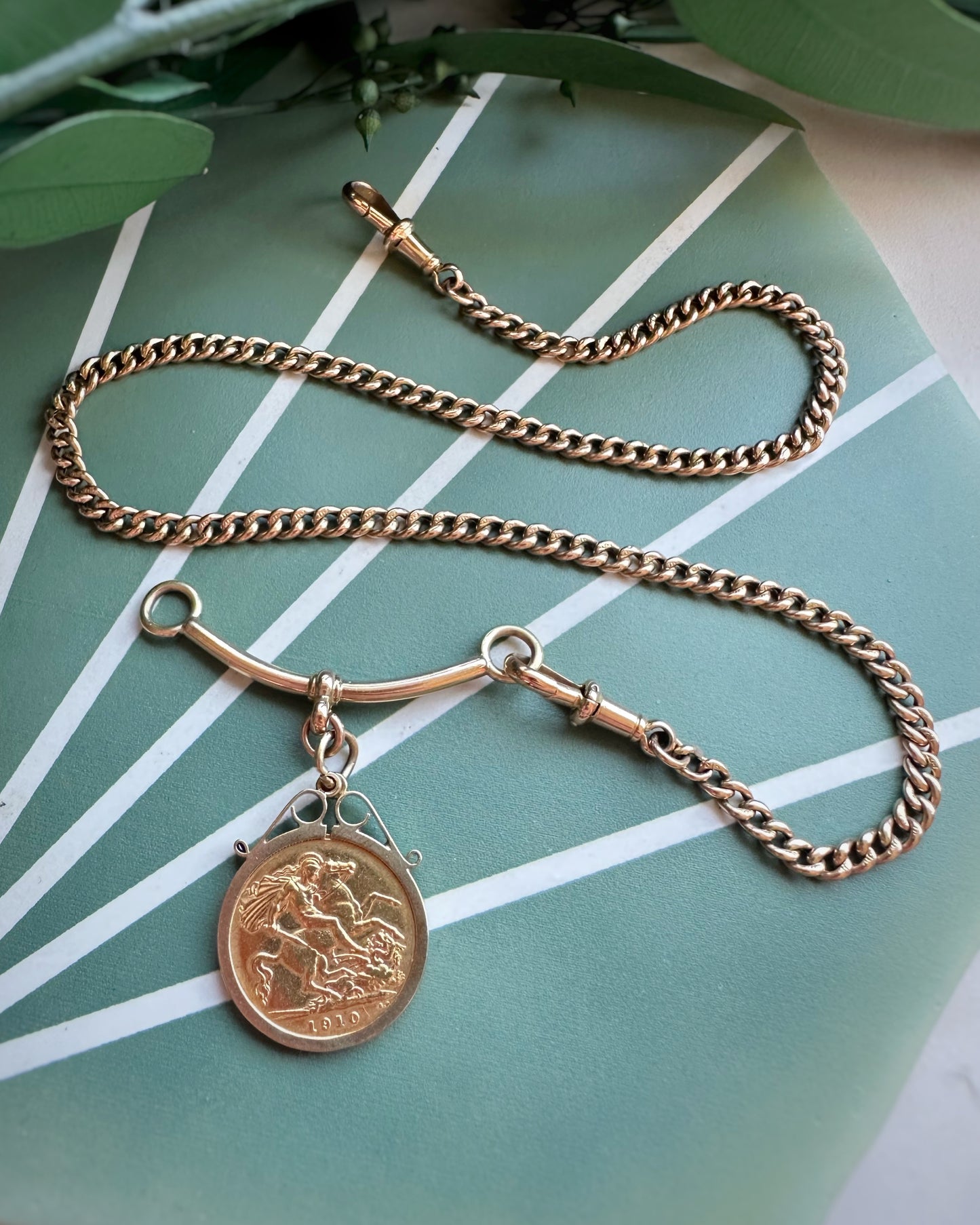 Antique Hollow Curb Chain with T-Bar Conversion Extender and Sovereign (16")