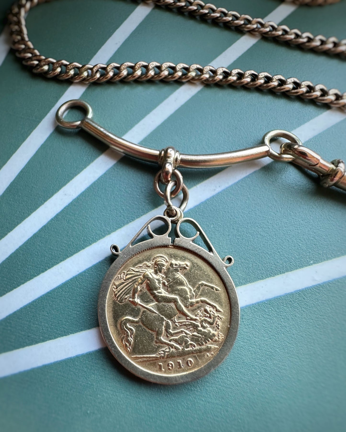 Antique Hollow Curb Chain with T-Bar Conversion Extender and Sovereign (16")