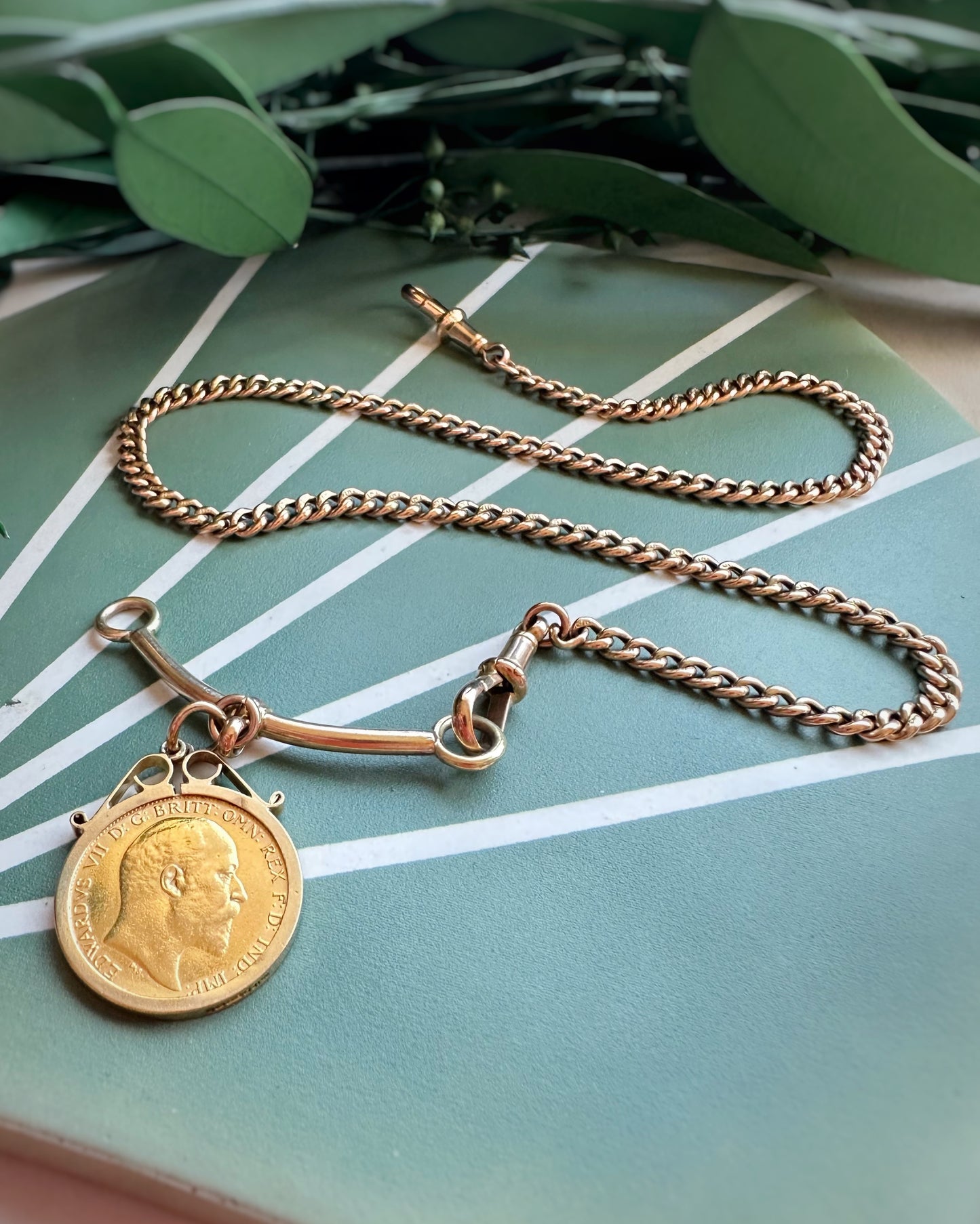 Antique Hollow Curb Chain with T-Bar Conversion Extender and Sovereign (16")