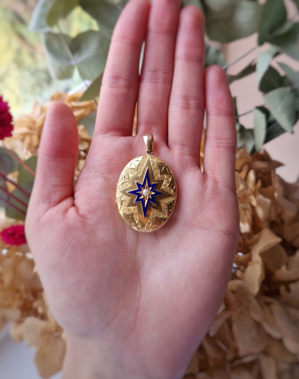 Exceptional Antique 1872 Blue-Enamel Star XL Locket
