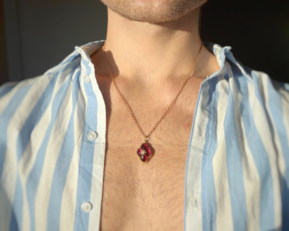 Victorian 15ct Gold Garnet Quatrefoil & Pearl Star Pendant