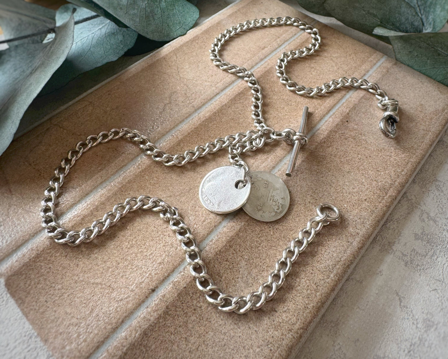 Antique Ungraduated Albert with T-Bar and Coin Pendants (17")