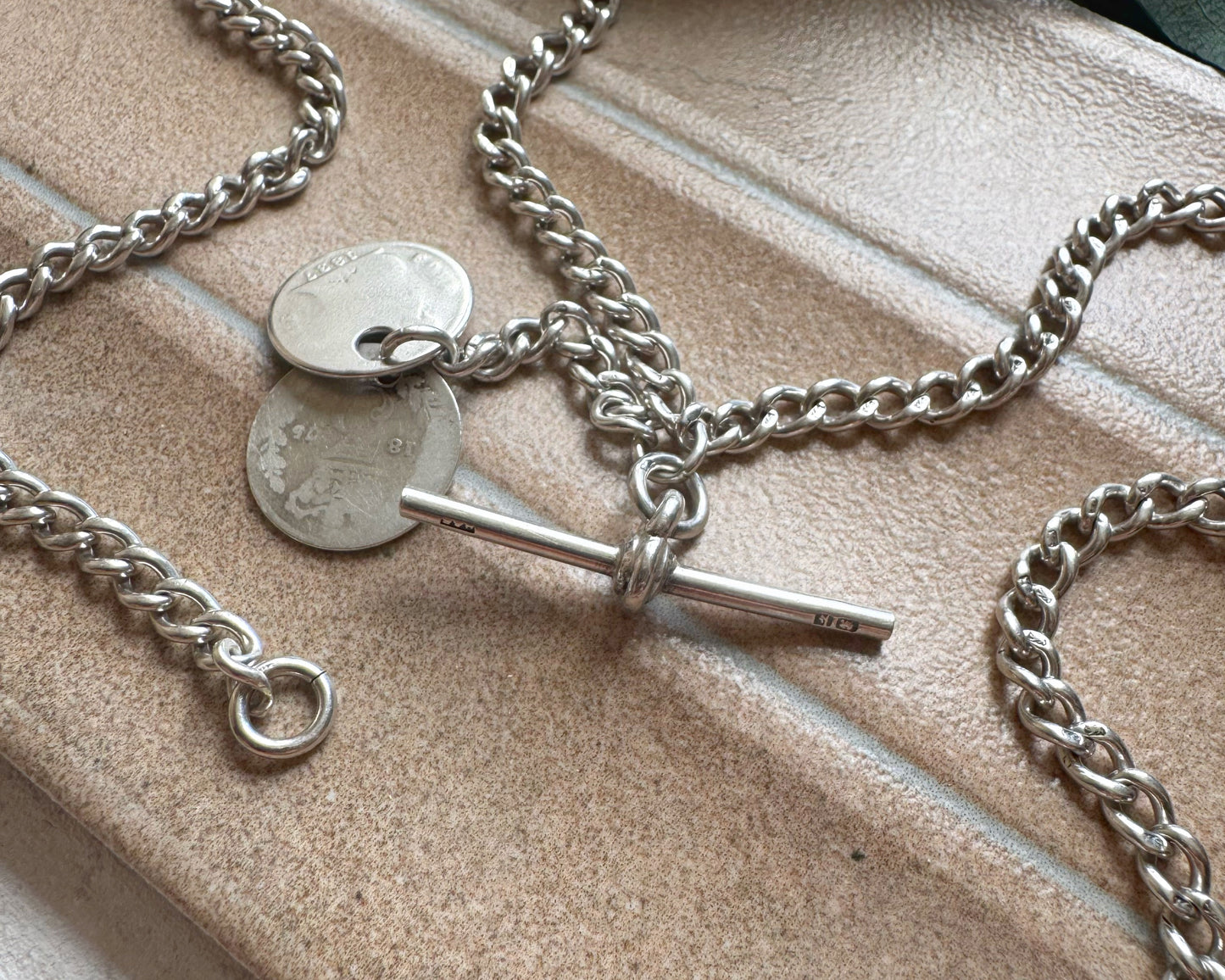 Antique Ungraduated Albert with T-Bar and Coin Pendants (17")