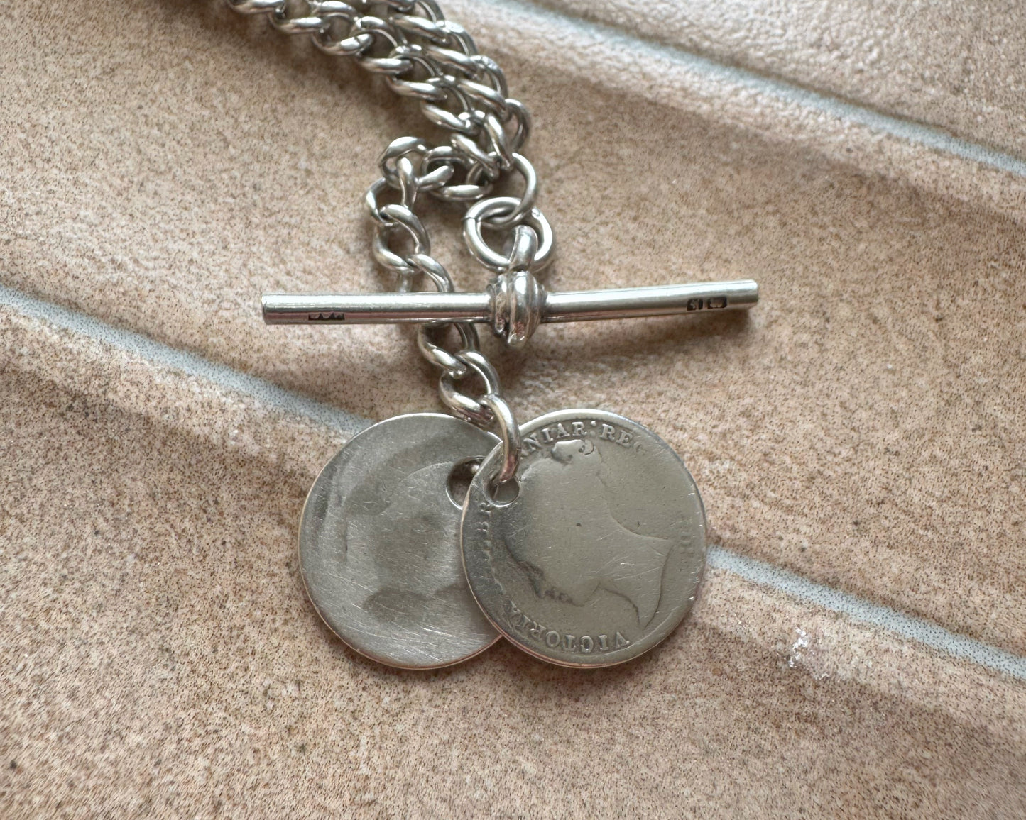 Antique Ungraduated Albert with T-Bar and Coin Pendants (17")
