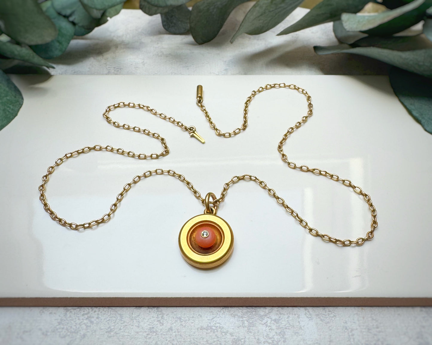Antique Exquisite High-Carat Cable Chain with Coral and Diamond Pendant (18")