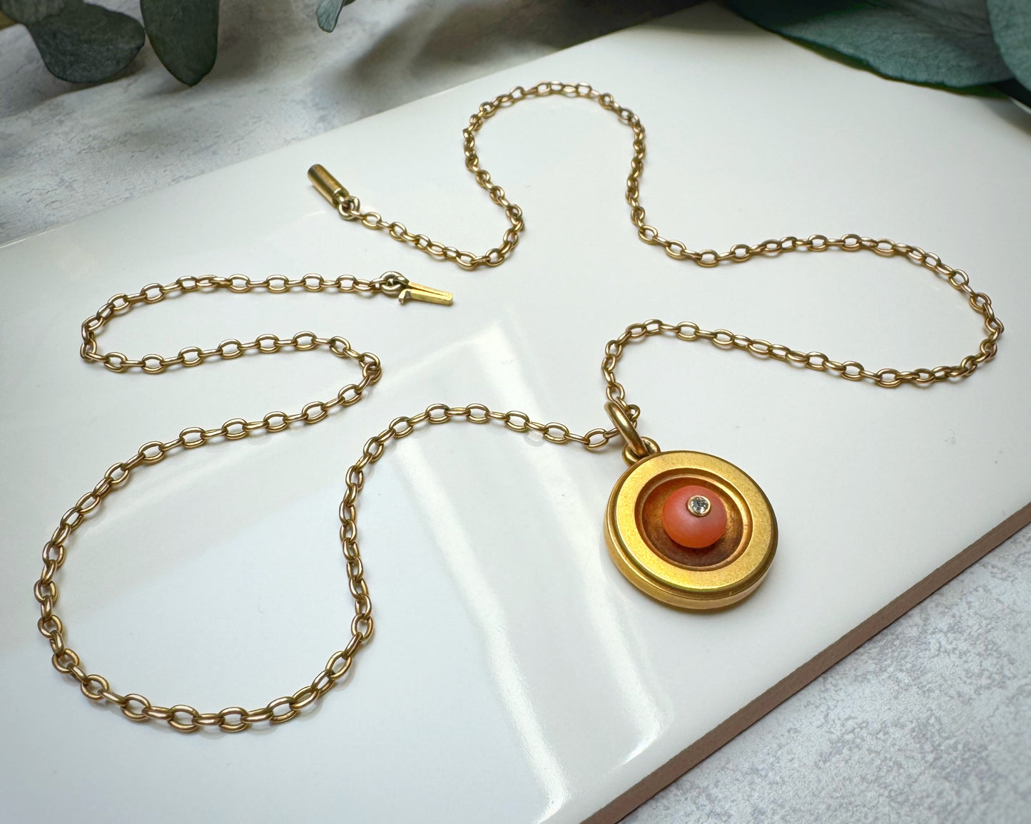 Antique Exquisite High-Carat Cable Chain with Coral and Diamond Pendant (18")