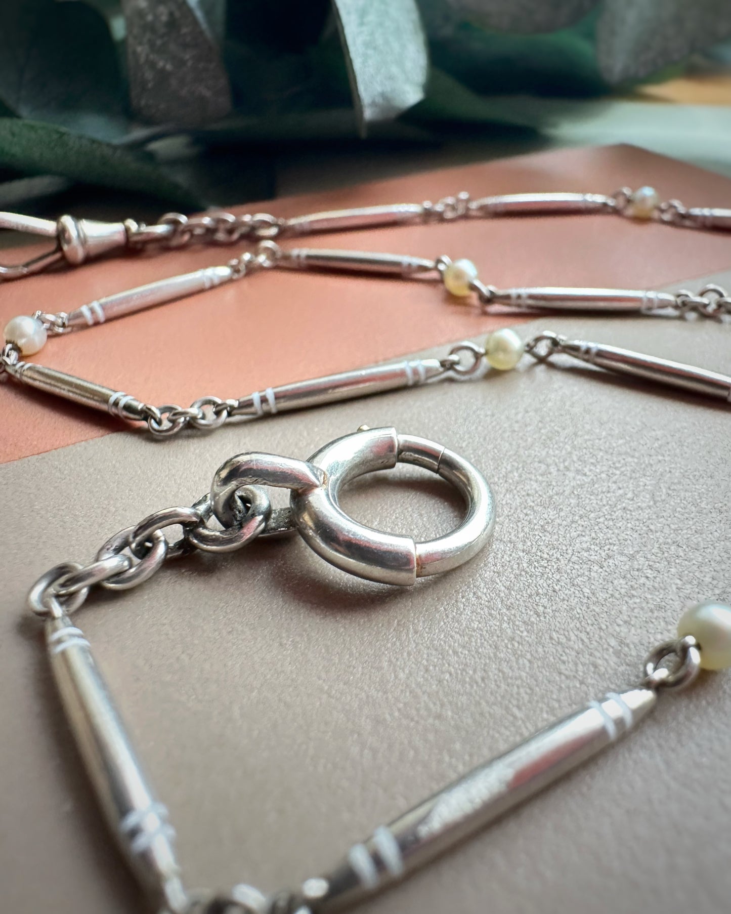 Antique French Bar Chain with Yellow Accents and Pearl Stations (15+1/4")