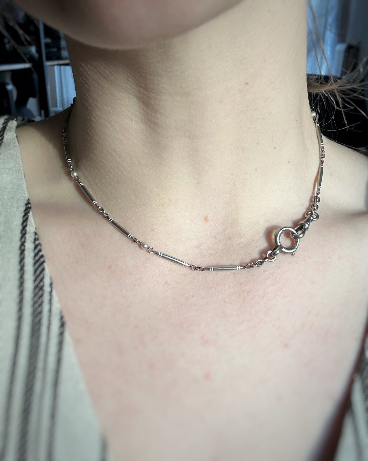 Antique French Bar Chain with Yellow Accents and Pearl Stations (15+1/4")