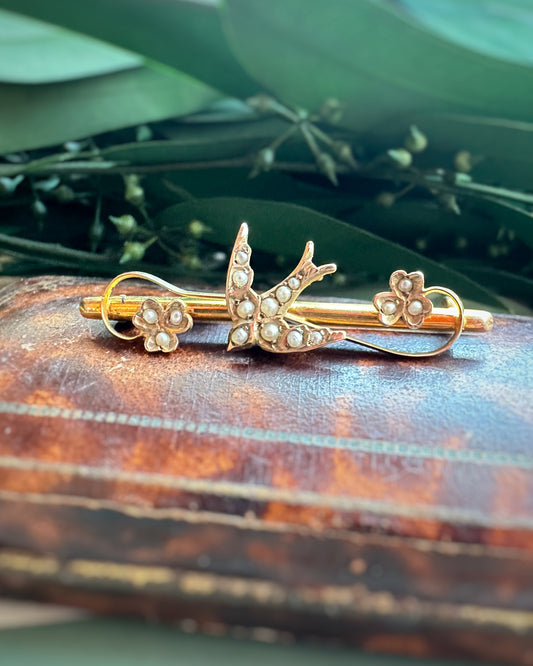 Antique Pearl-Set Exceptional Swallow Brooch