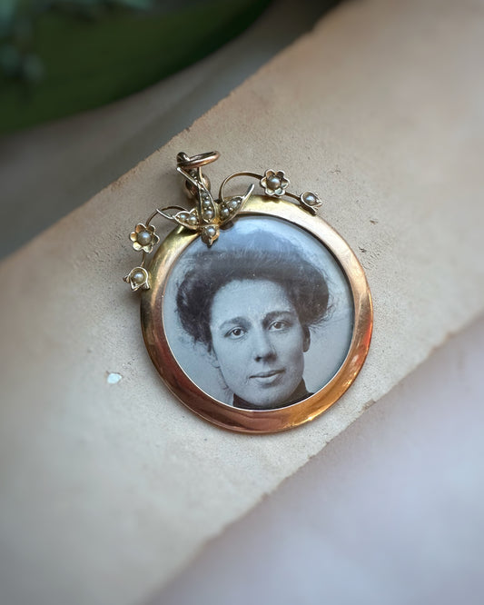 Antique Double Picture Locket with Pearl-Set Swallow Detail