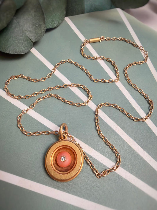 Antique Exquisite High-Carat Cable Chain with Coral and Diamond Pendant (18")
