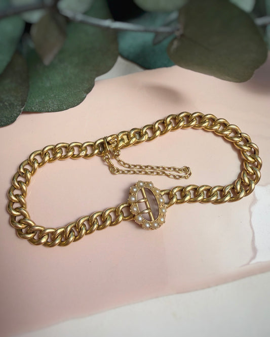 Antique 15ct Curb with Pearl Buckle and Integrated Clasp (7.5")