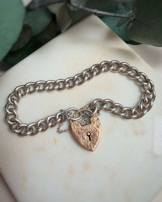 Vintage Silver Curb Chain with Ornate Antique Gold Padlock
