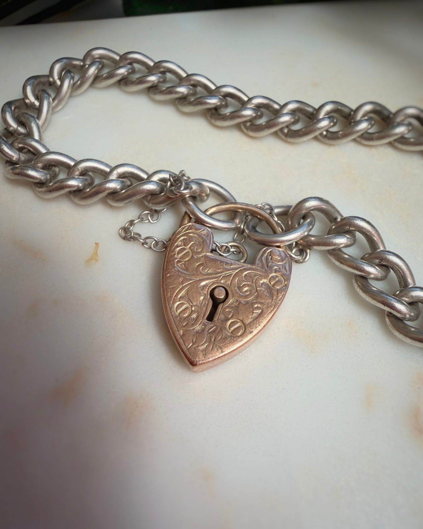 Vintage Silver Curb Chain with Ornate Antique Gold Padlock